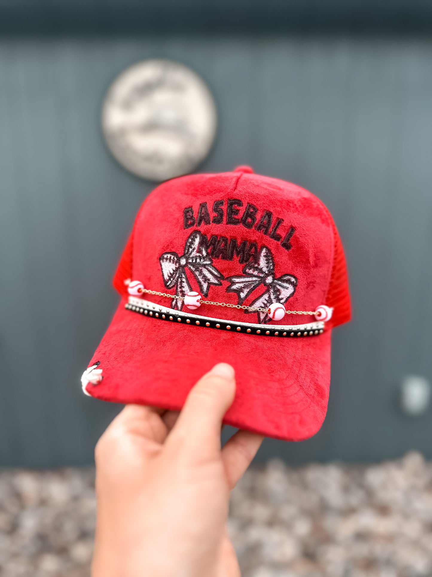 Red Baseball Mama Suede Trucker Hat