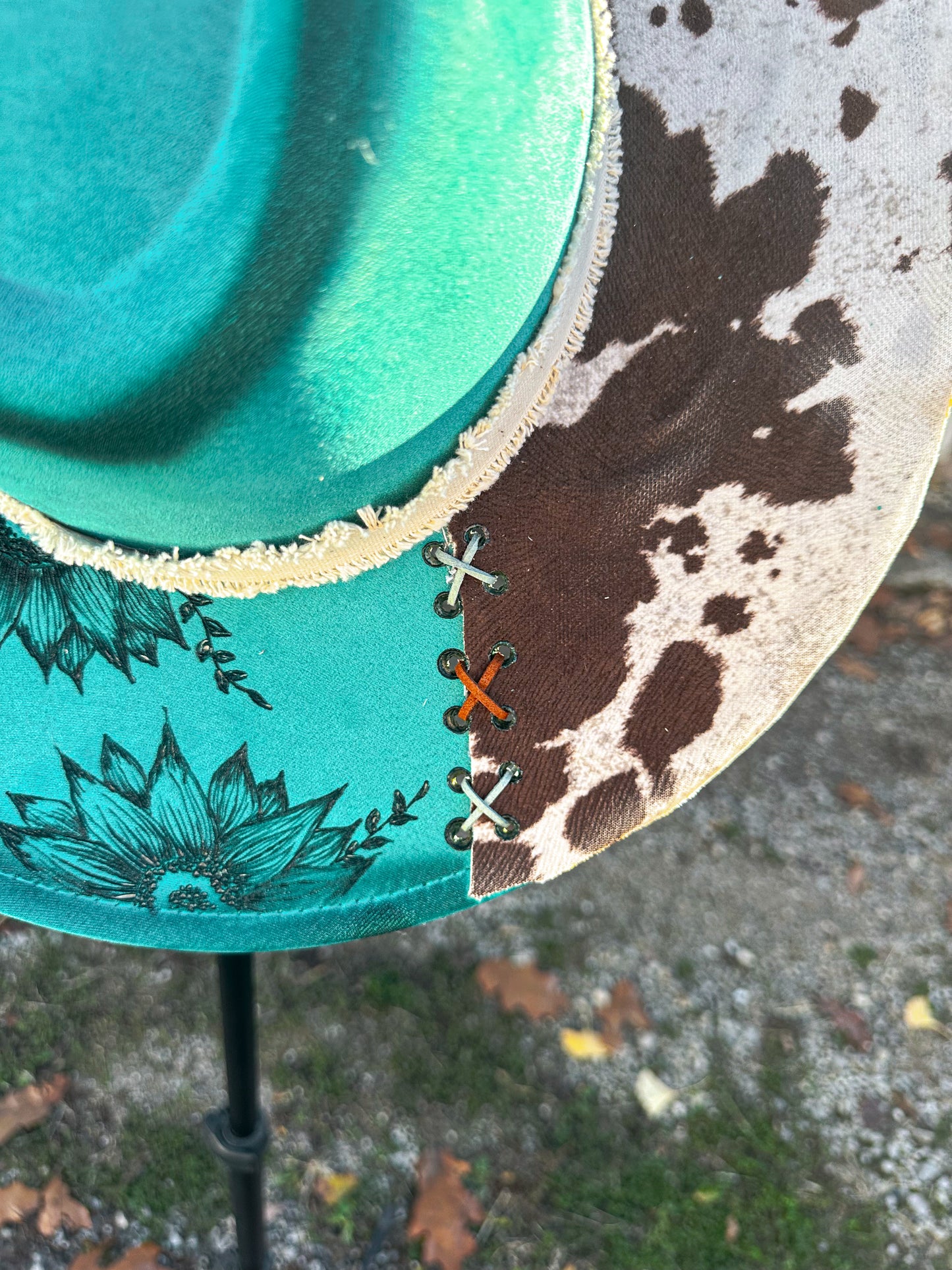 Teal Cowhide Sunflower Torched & Burned Hat