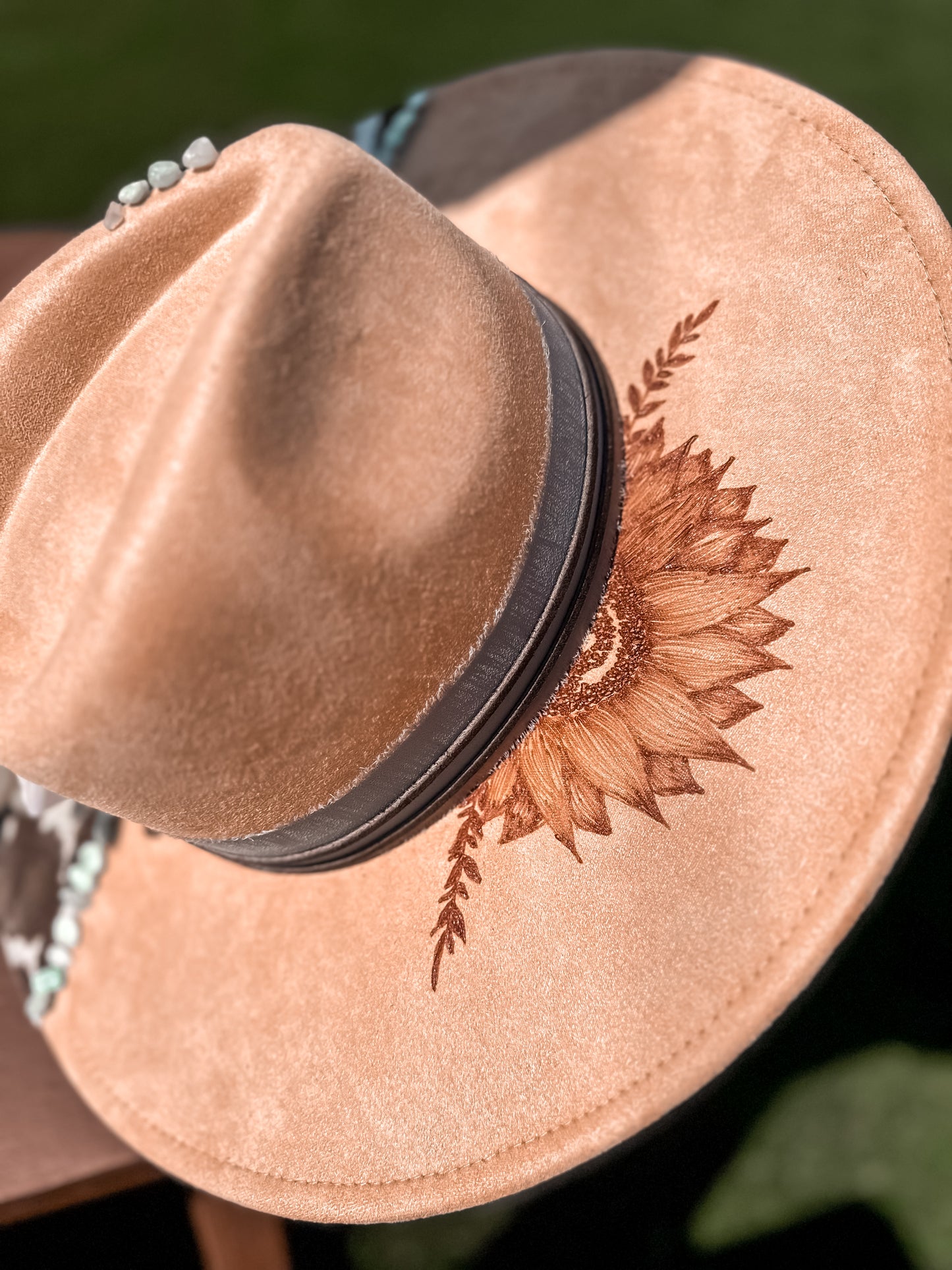 Sunflower and Cowhide with Green Aventurine on Camel Hat
