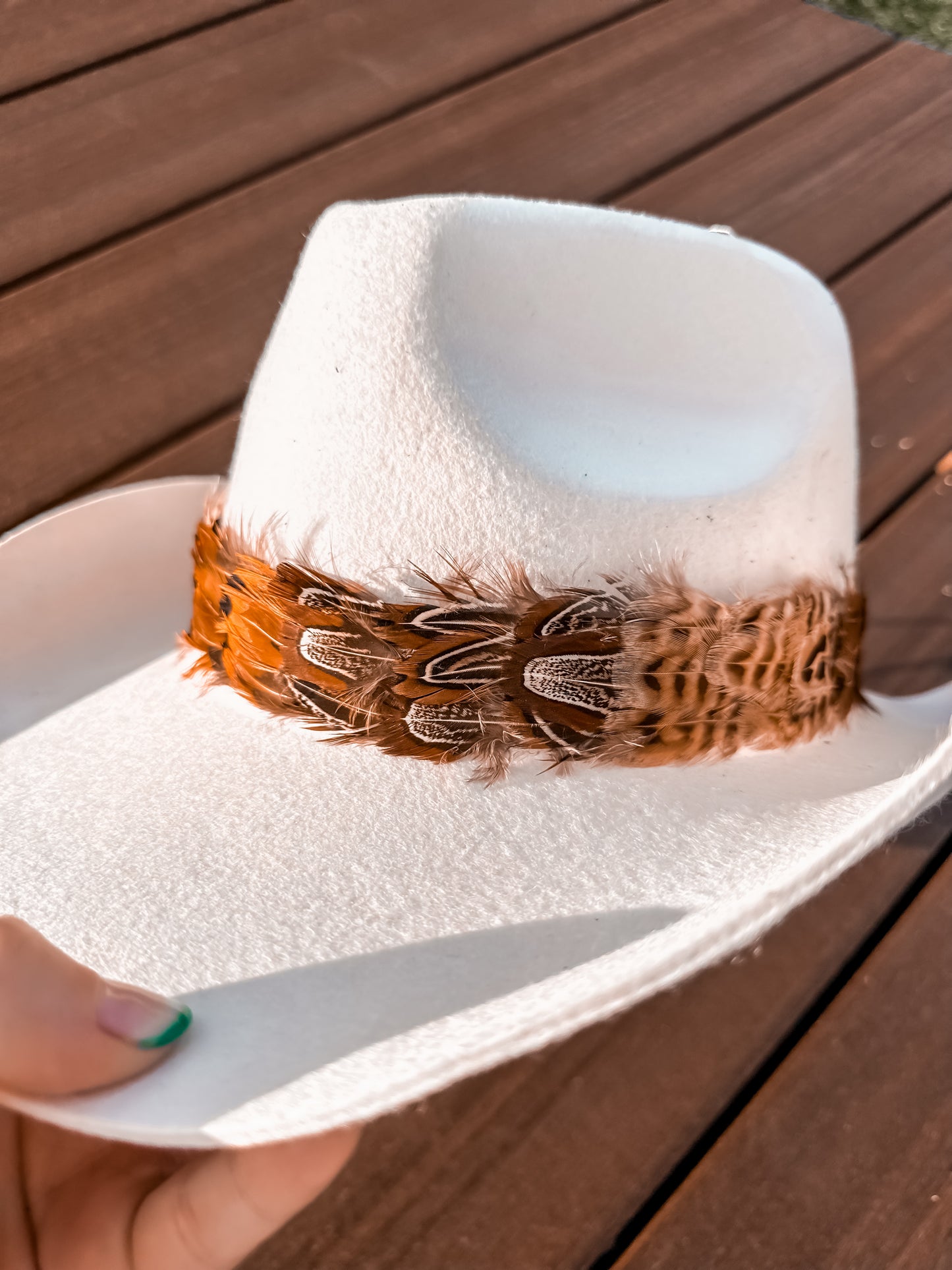 Striped Feather hat band with leather strap