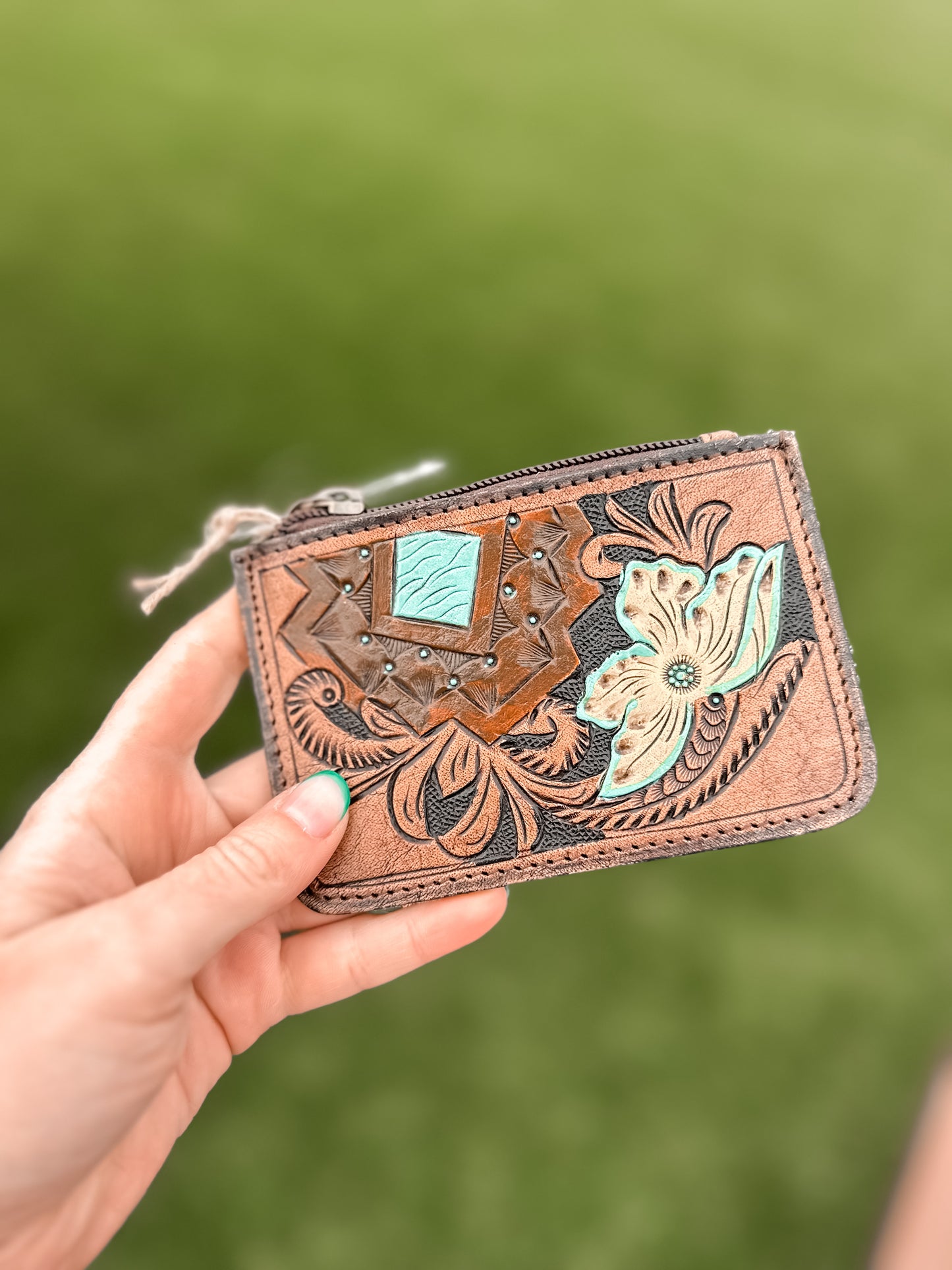 Aloha Tooled Leather & Cowhide Coin Pouch 