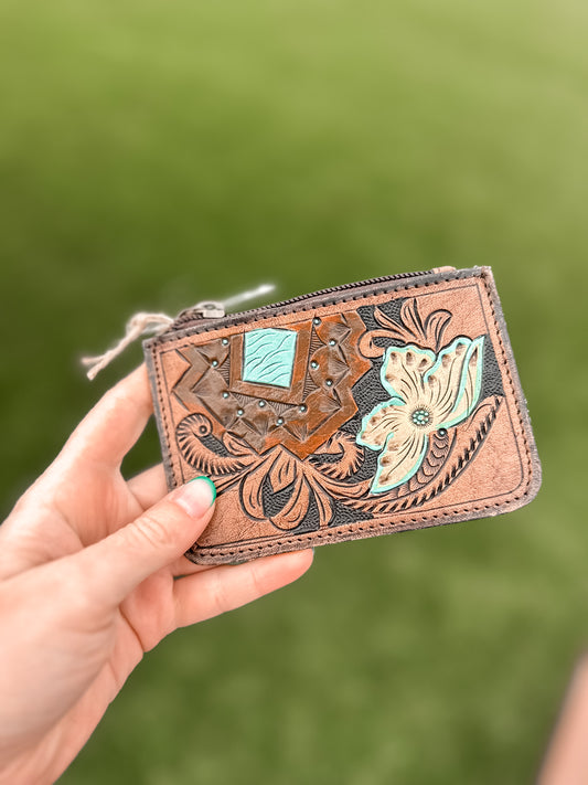 Aloha Tooled Leather & Cowhide Coin Pouch 