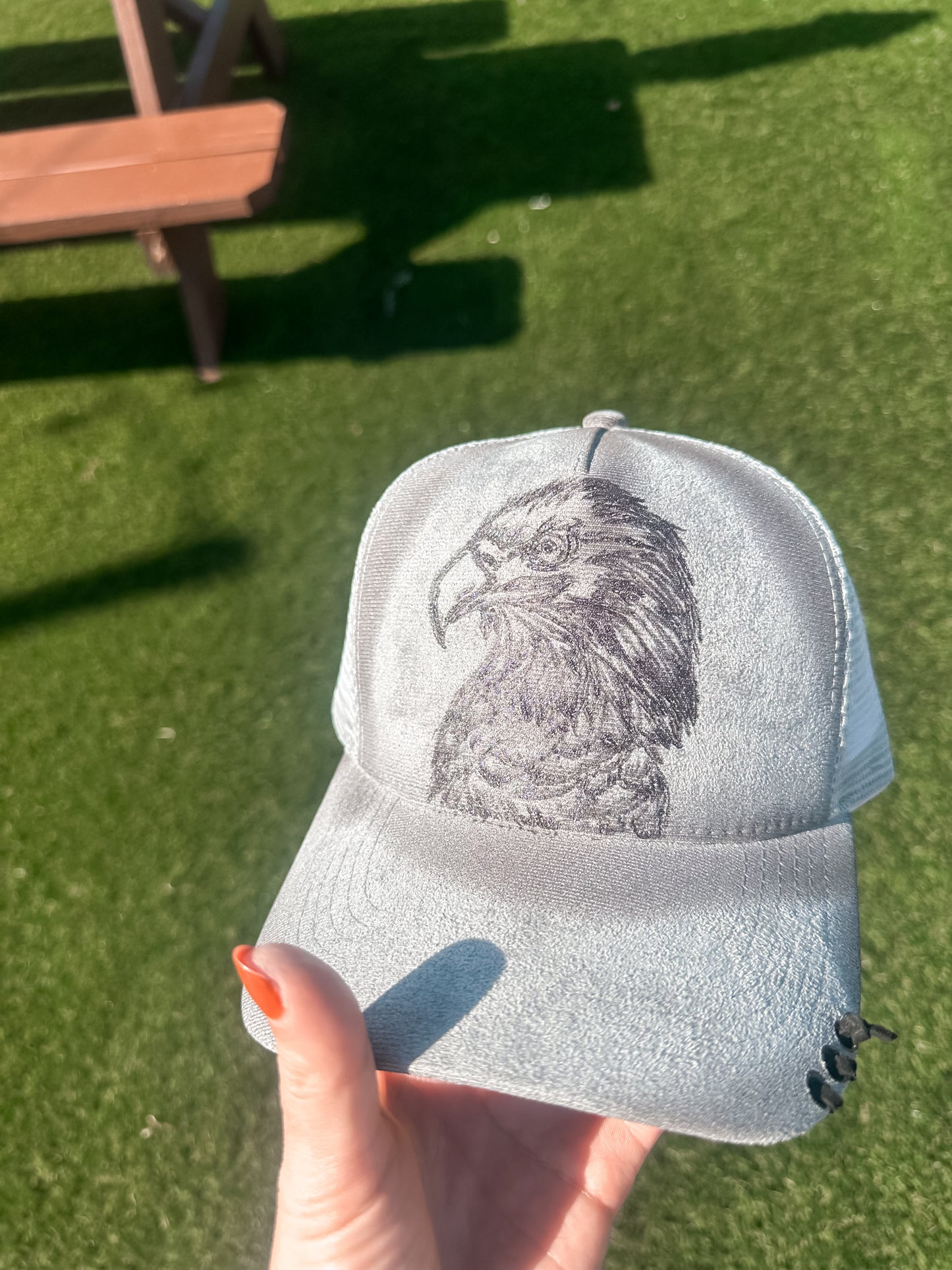 Grey Torched & Burned Eagle SnapBack Suede Baseball hat