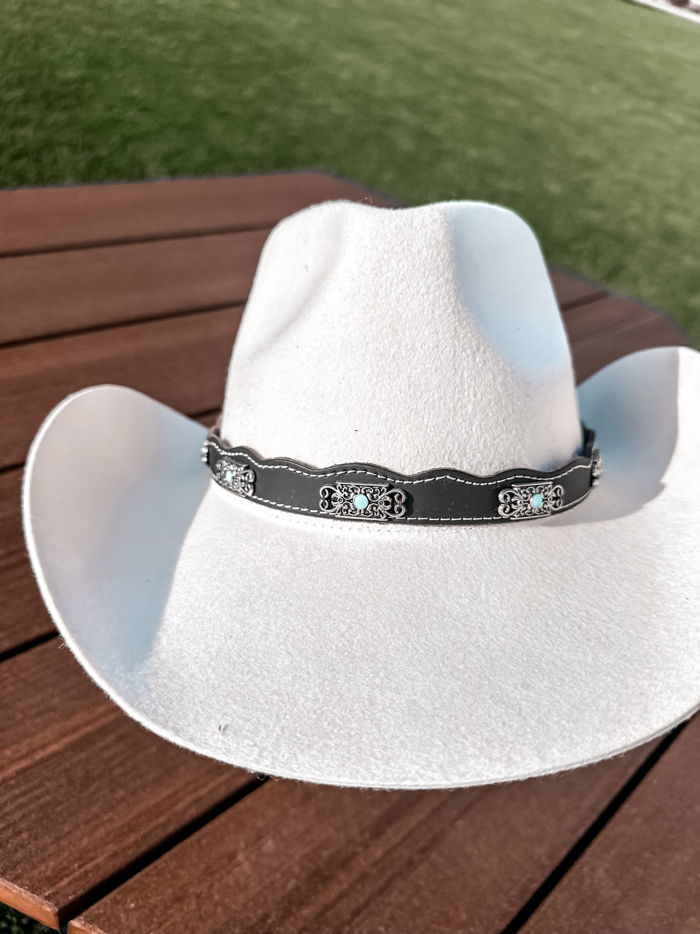 Handmade Hat Band – Black Leather w/ Turquoise Stone Accents