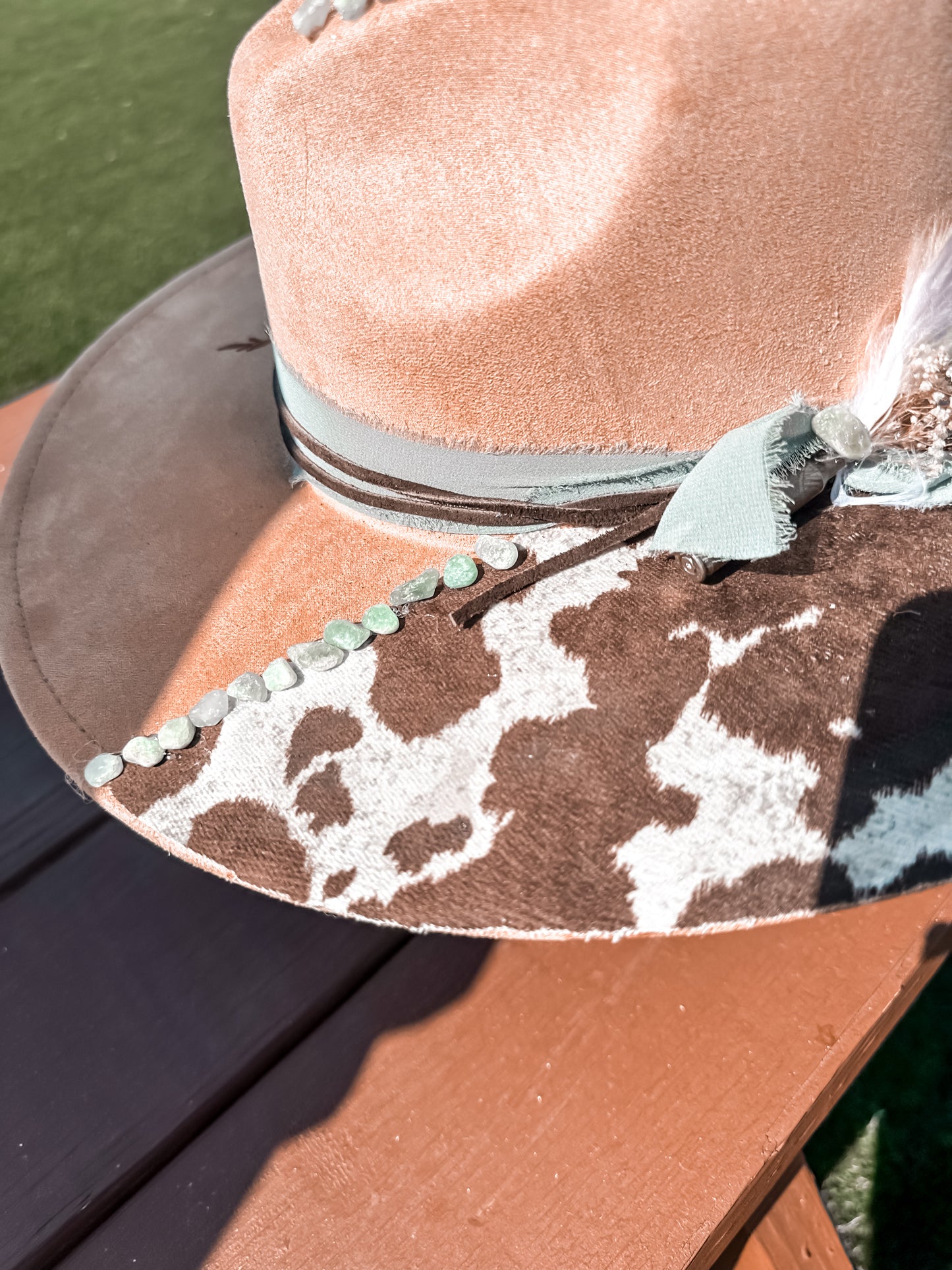 Sunflower and Cowhide with Green Aventurine on Camel Hat