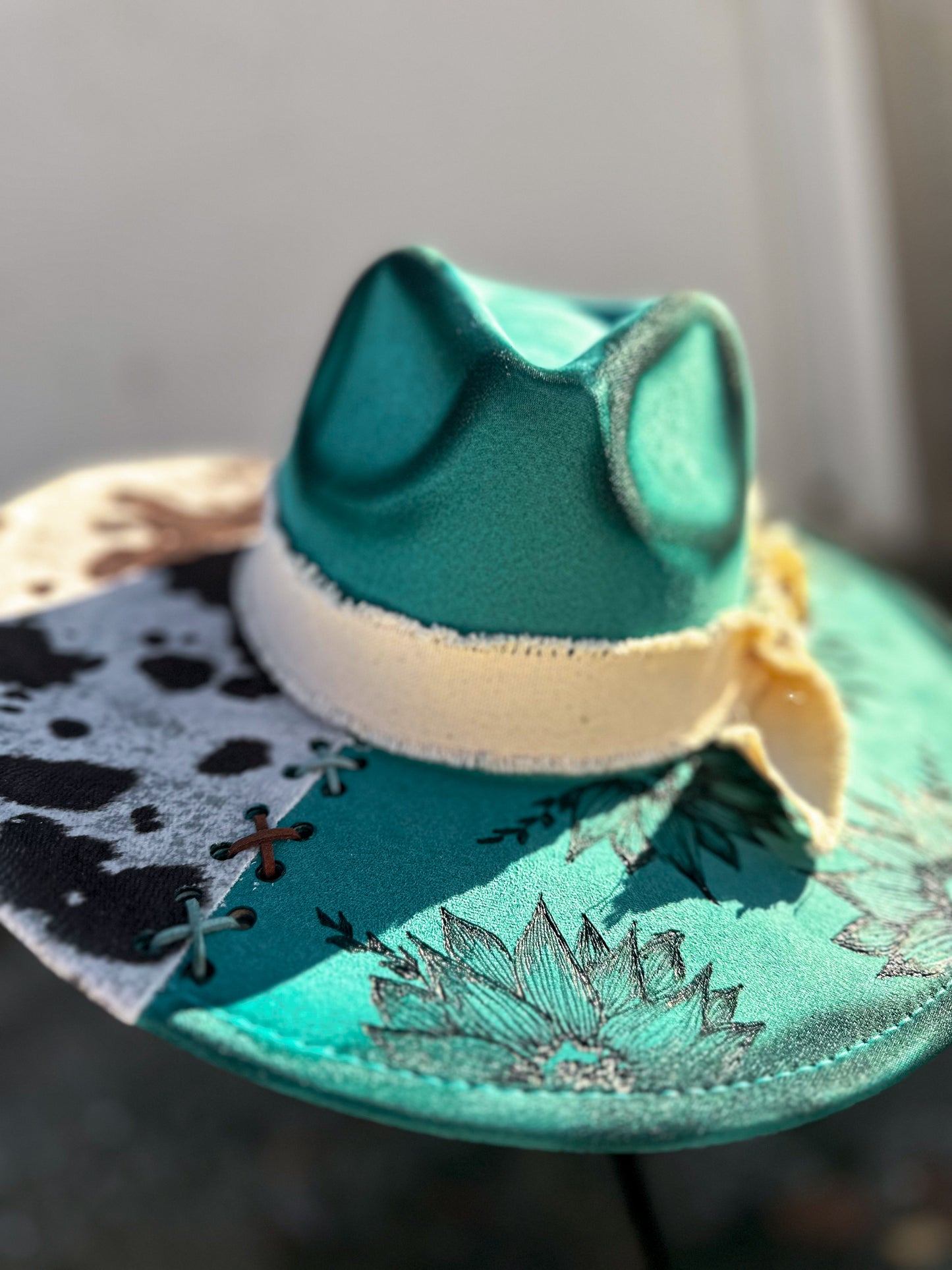 Teal Cowhide Sunflower Torched & Burned Hat