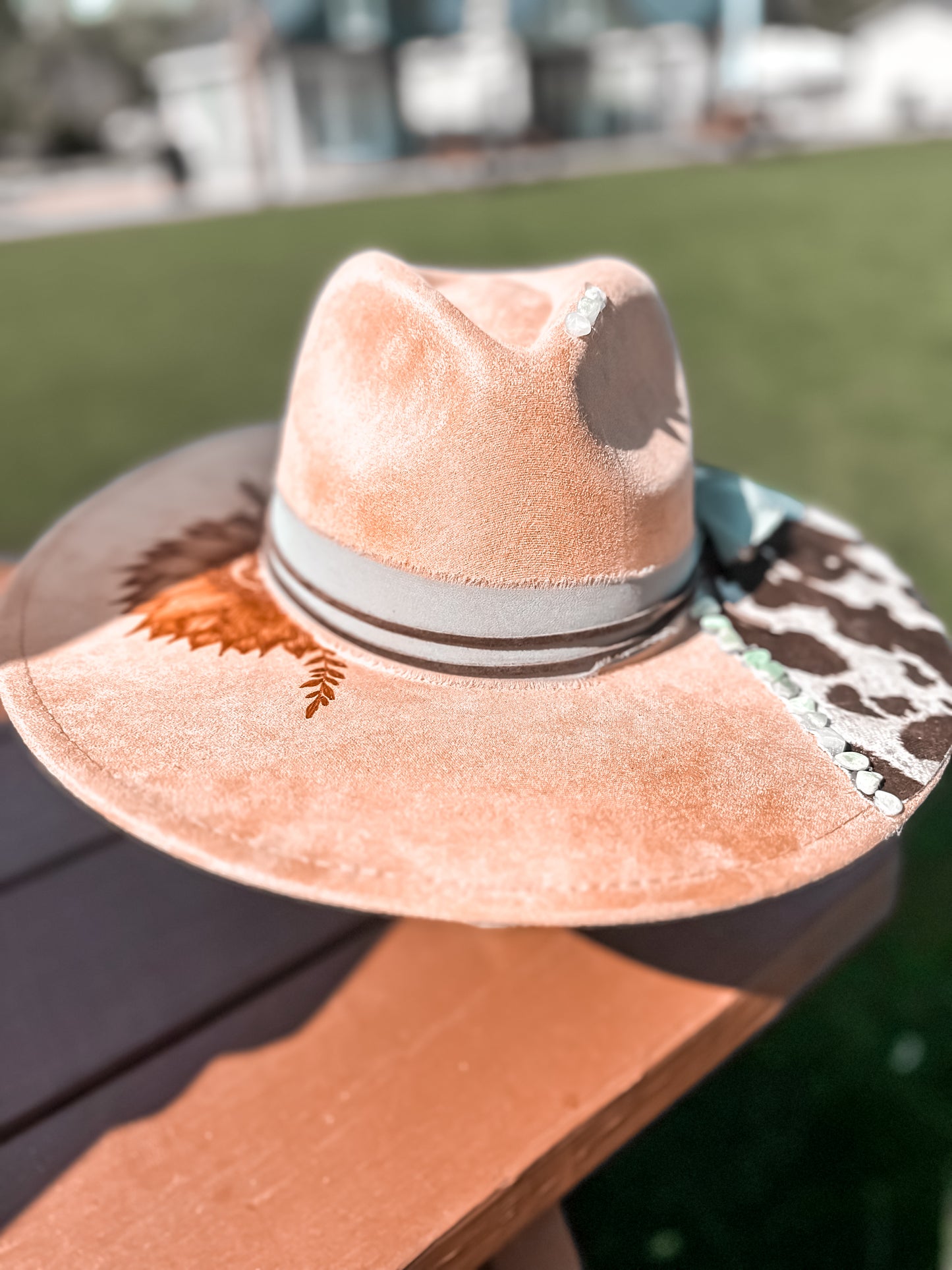 Sunflower and Cowhide with Green Aventurine on Camel Hat
