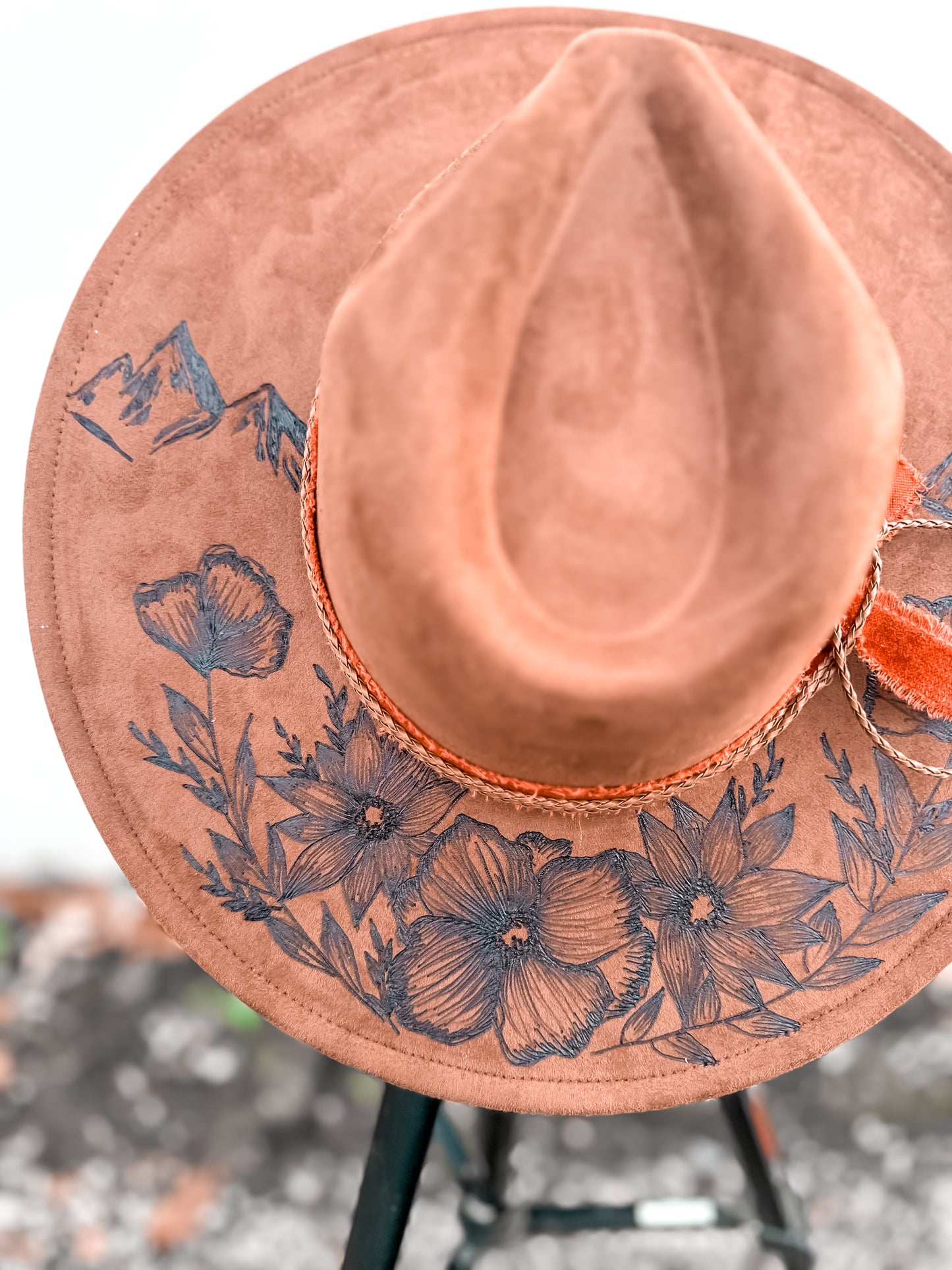 Brown Mountain Floral Burned Hat