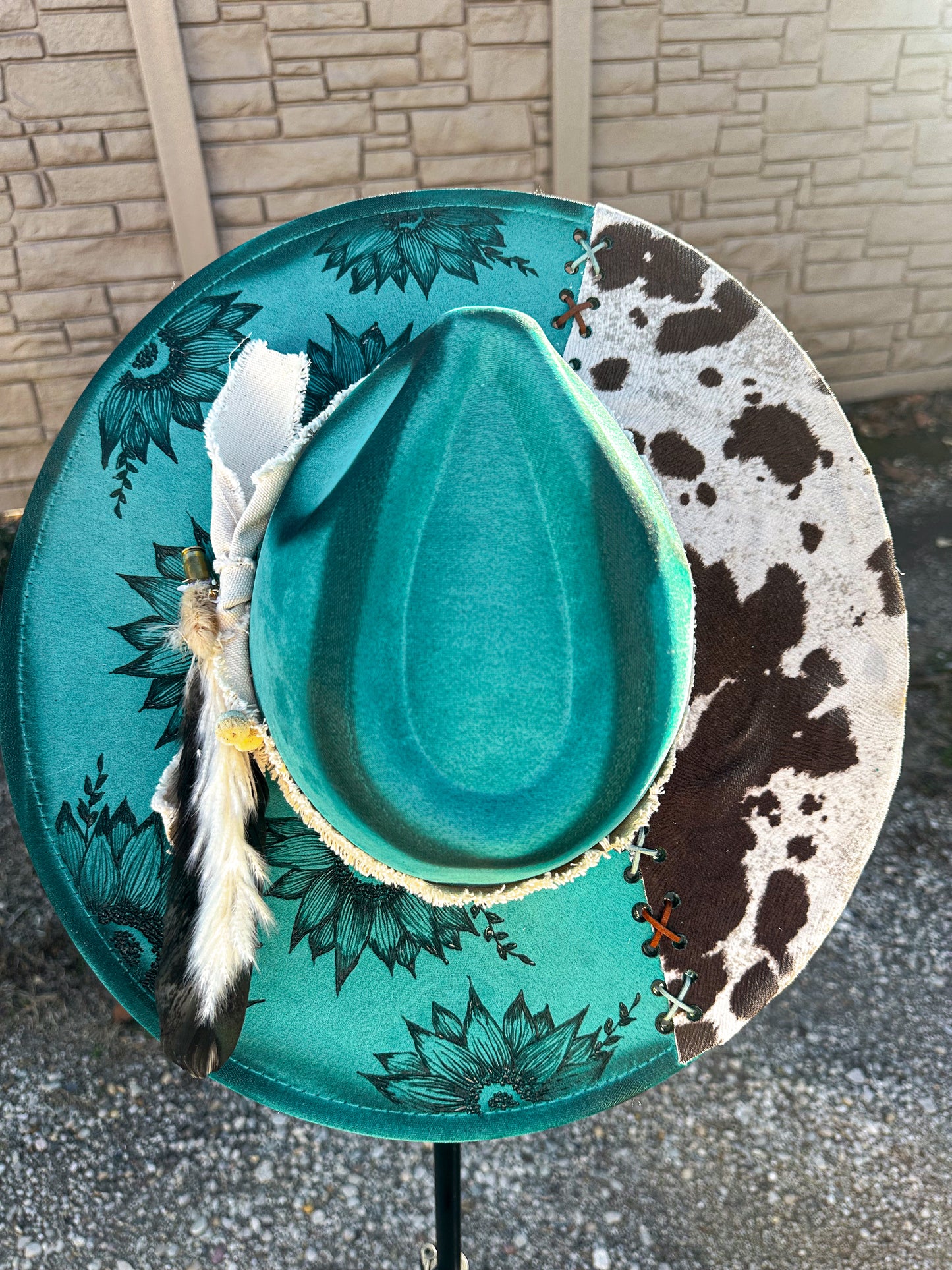 Teal Cowhide Sunflower Torched & Burned Hat