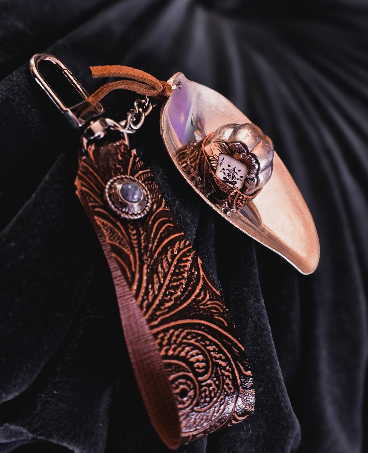 Tooled Leather with Spoon Cowboy Hat Keychain