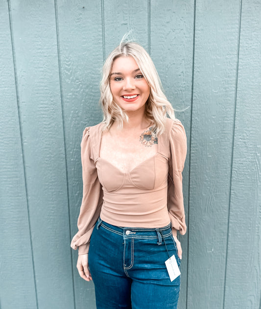 Long Sleeve Taupe Ruffle Sleeve Top