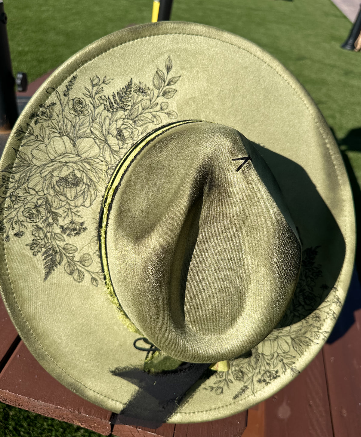 Sage Vegan Suede Peonies Burned & Torched Hat