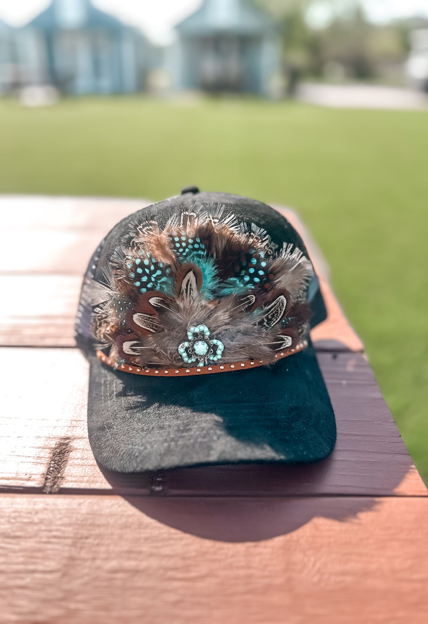 Black Feather Trucker Hat with Turquoise and Silver Clover Charm & Brown Studded Leather