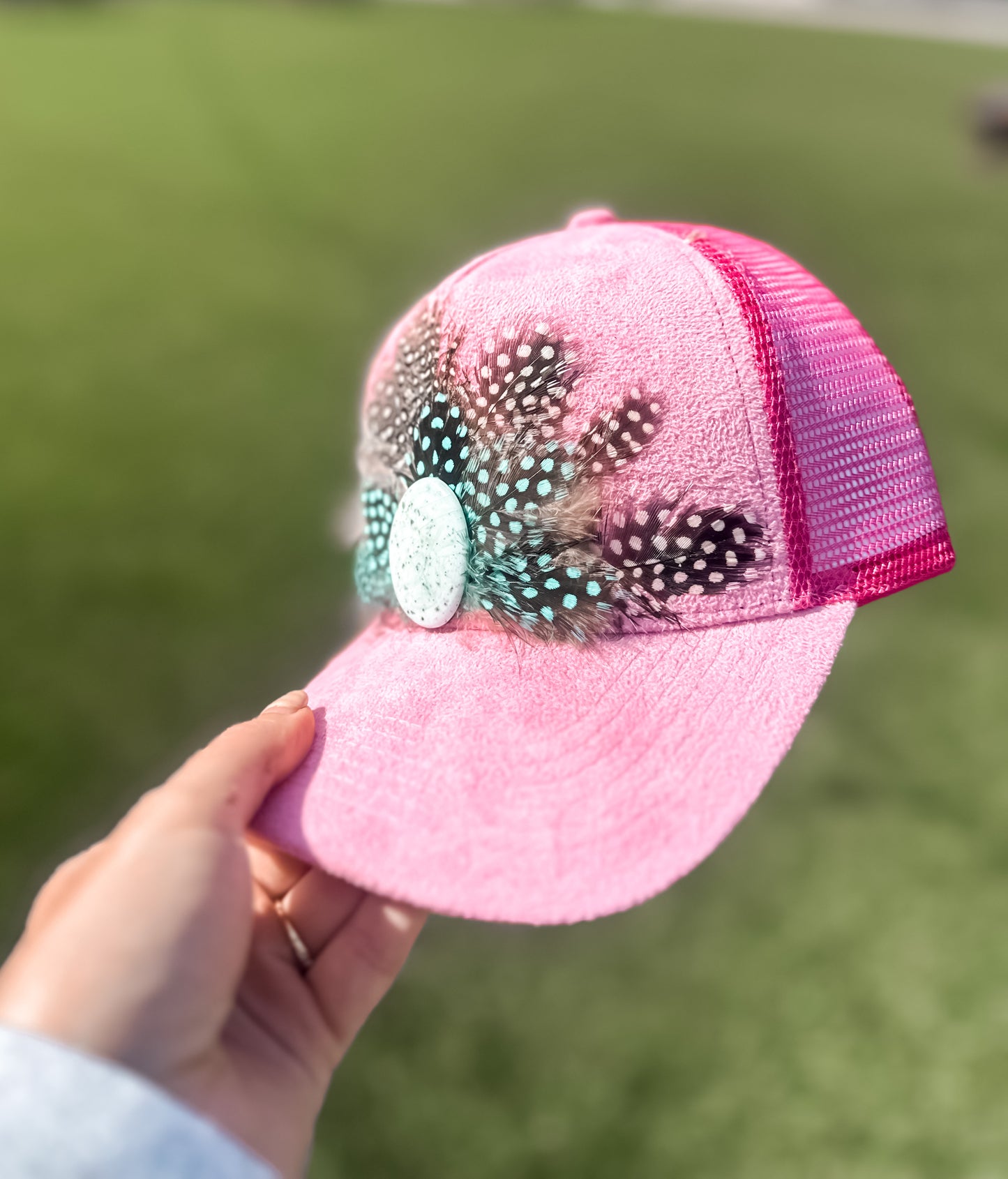 Pink Suede Feather Trucker Hat with Turquoise Charm
