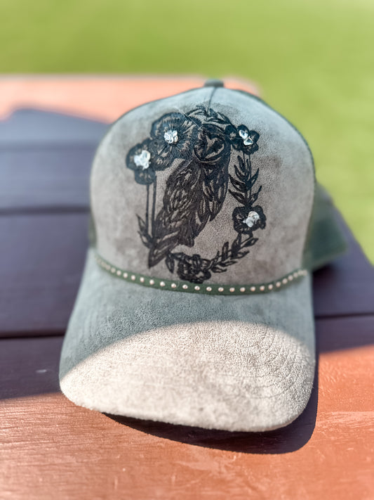 Owl Olive Colored Suede SnapBack Burned Hat
