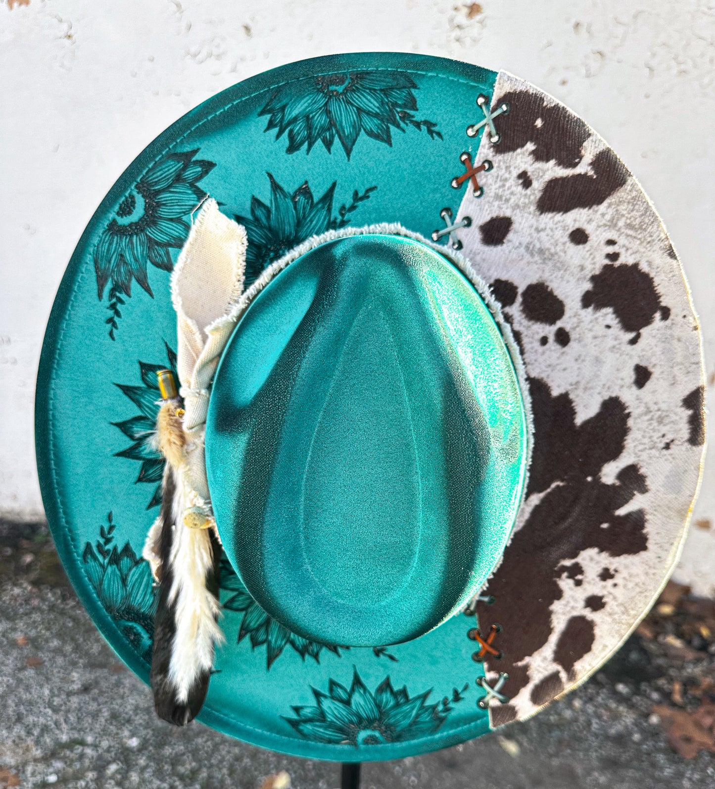 Teal Cowhide Sunflower Torched & Burned Hat