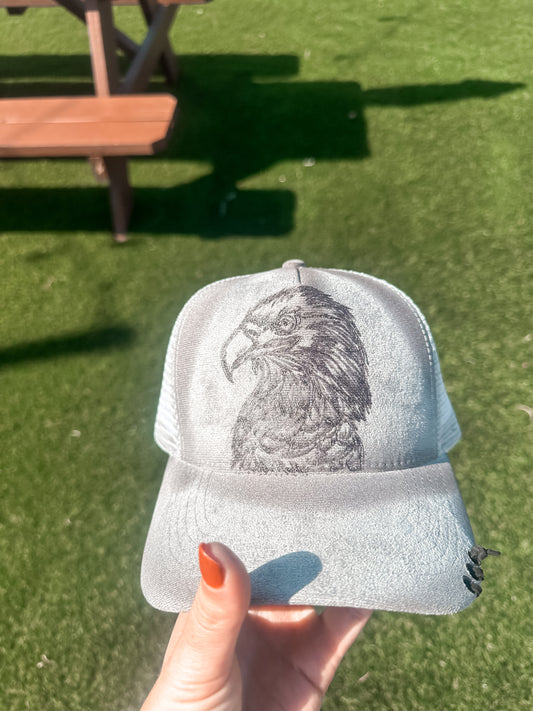 Grey Torched & Burned Eagle SnapBack Suede Baseball hat