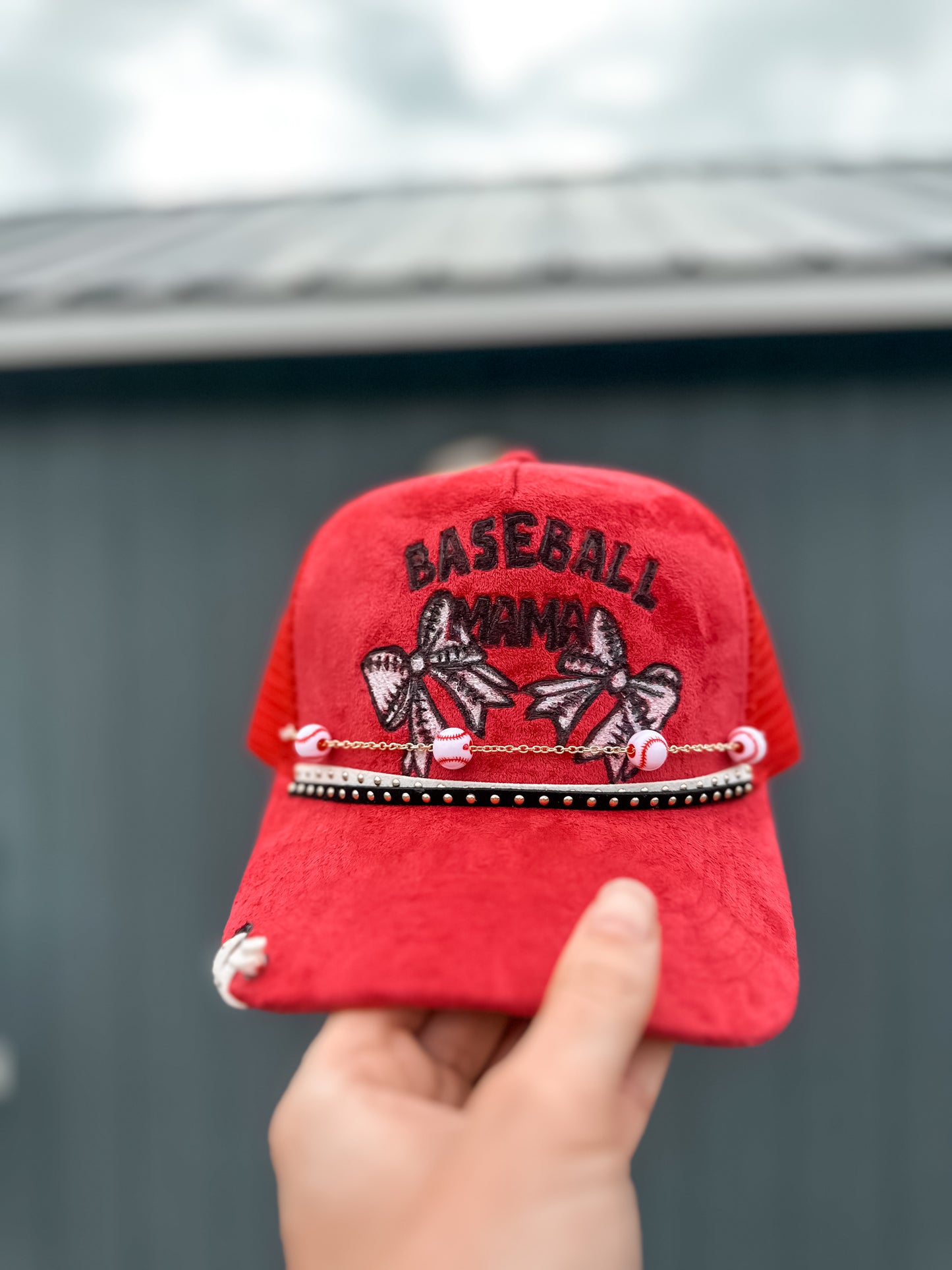 Red Baseball Mama Suede Trucker Hat