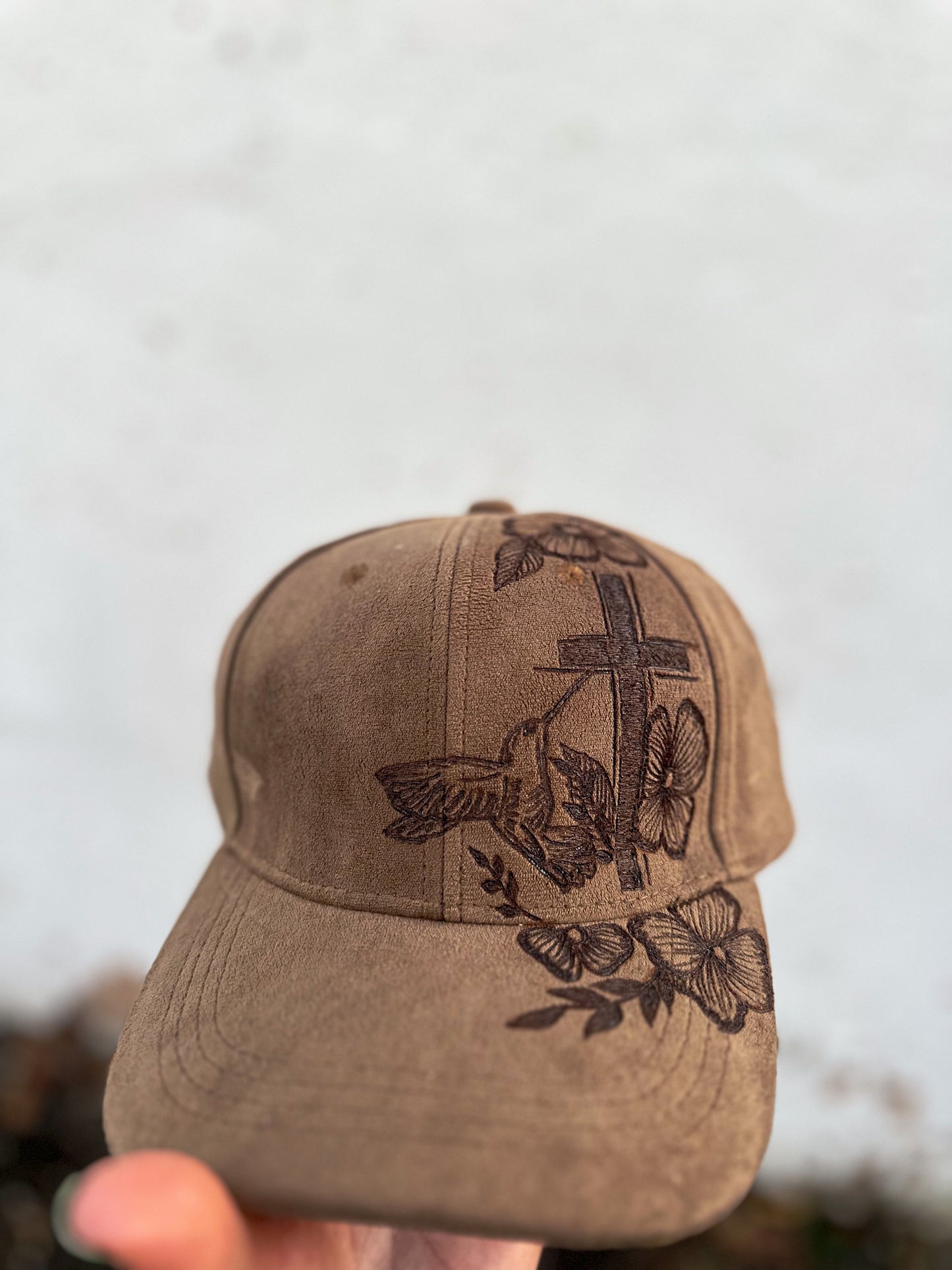 Brown Cross Hummingbird Burned Baseball Hat