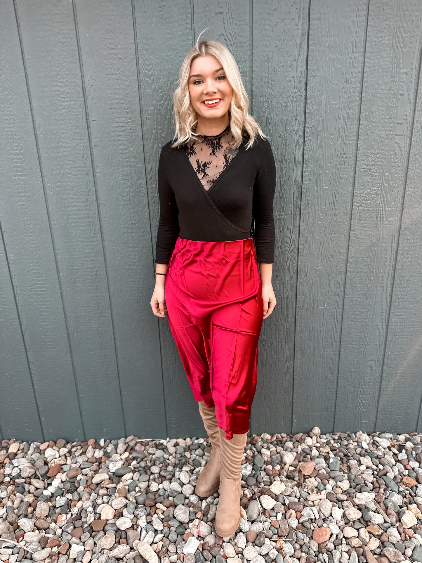 Red Satin Midi Flare Skirt