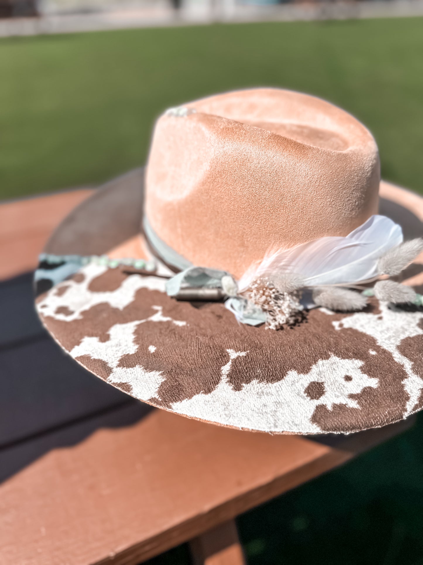 Sunflower and Cowhide with Green Aventurine on Camel Hat