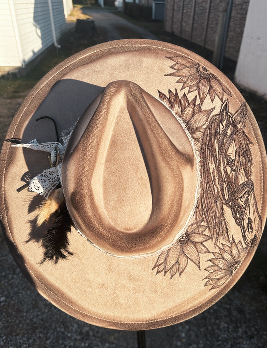 Taupe Vegan Suede Horse Torched & Burned Hat