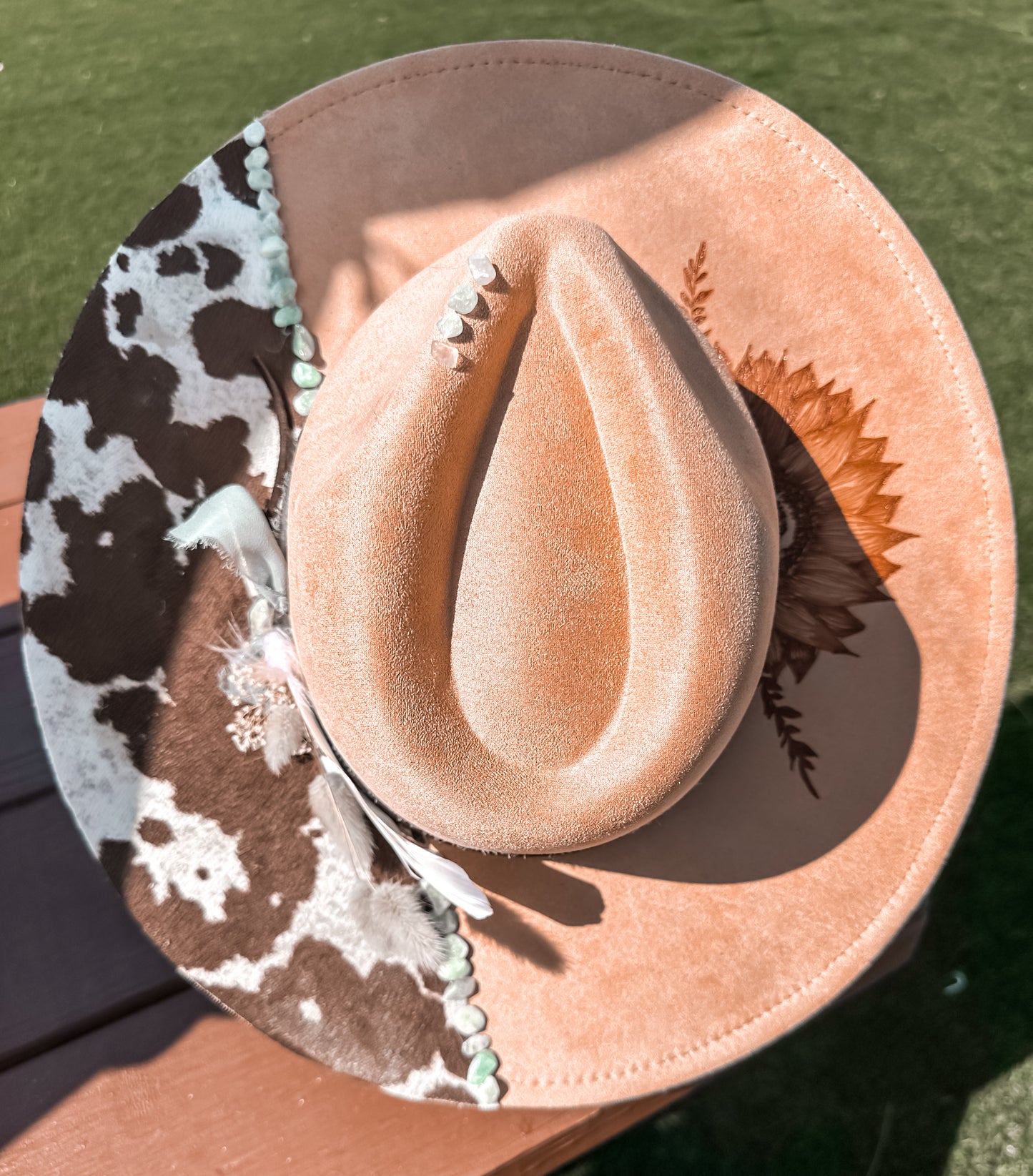 Sunflower and Cowhide with Green Aventurine on Camel Hat