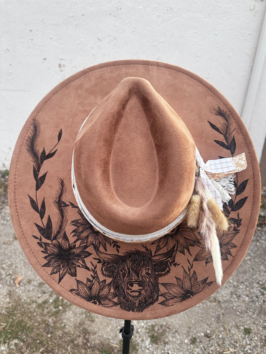 Brown Vegan Suede Highland Cow Burned Hat