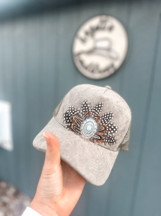 Olive Green Suede Feather Trucker Hat