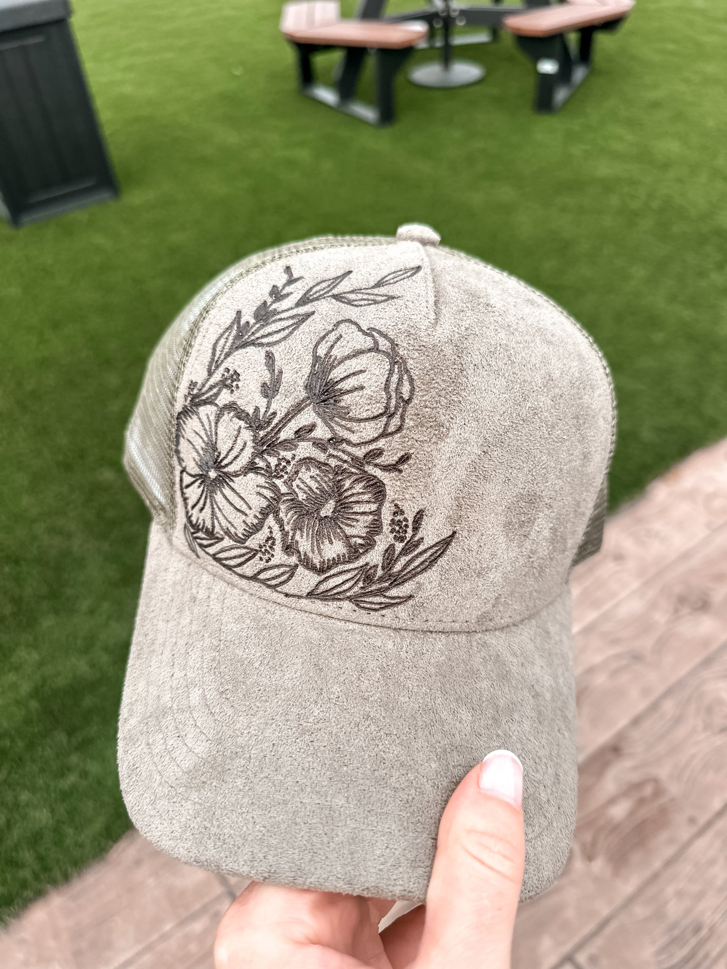 Olive Floral Suede Burned Baseball Hat