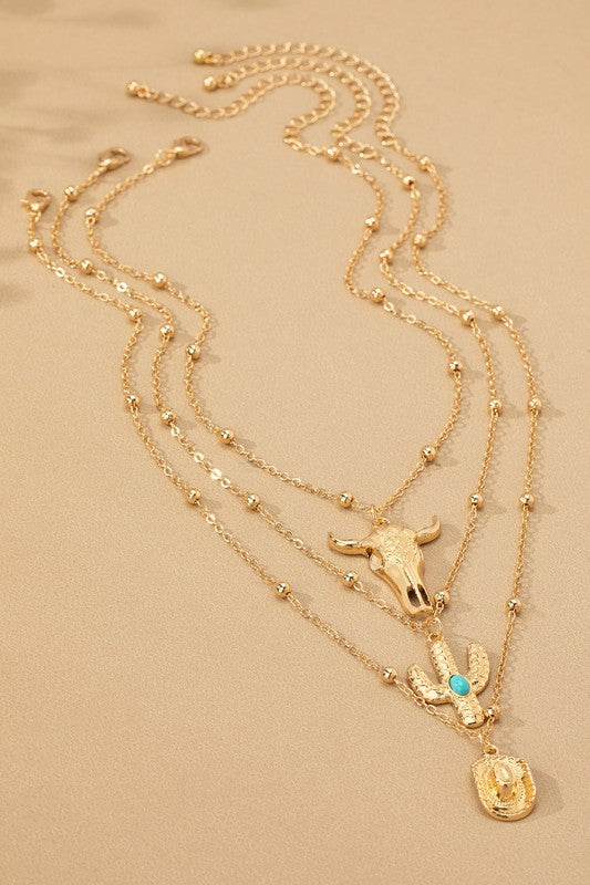 Western 3 Necklaces Set, Cow Cactus , Hat