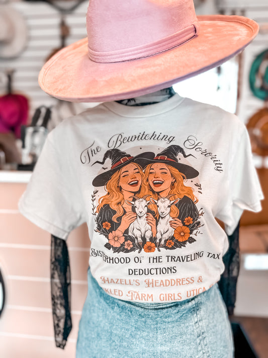 The Bewitching Sorority : Sisterhood of the Traveling Tax Deductions Hazell’s Headdress and Freckled Farm Girls Witch Walk Merch Tshirt
