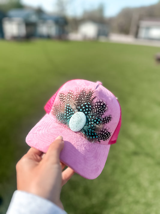 Pink Suede Feather Trucker Hat with Turquoise Charm