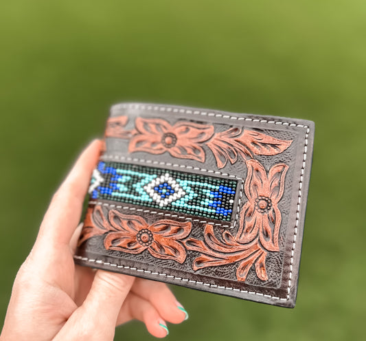 Blue Aztec Tooled Leather Men’s Wallet 