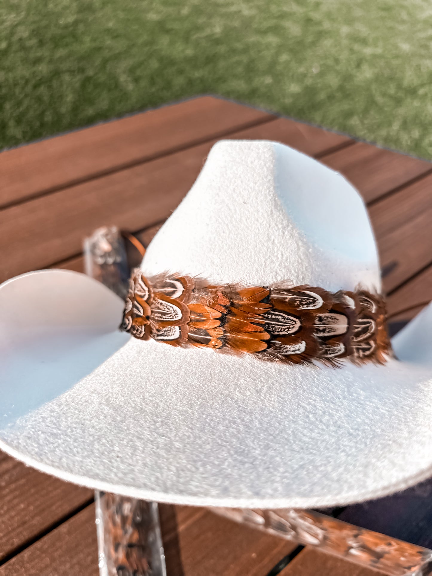 Feather hat band , iridescent feathers