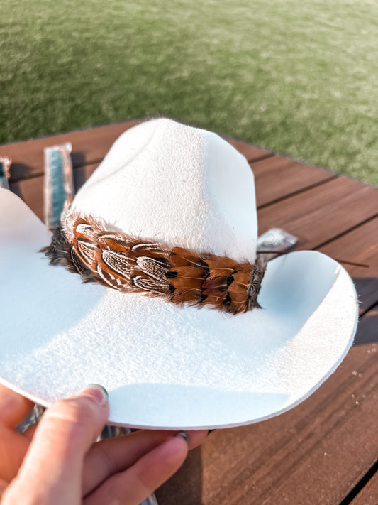 Feather Hat Band with Light blue feather tips with Leather Strap