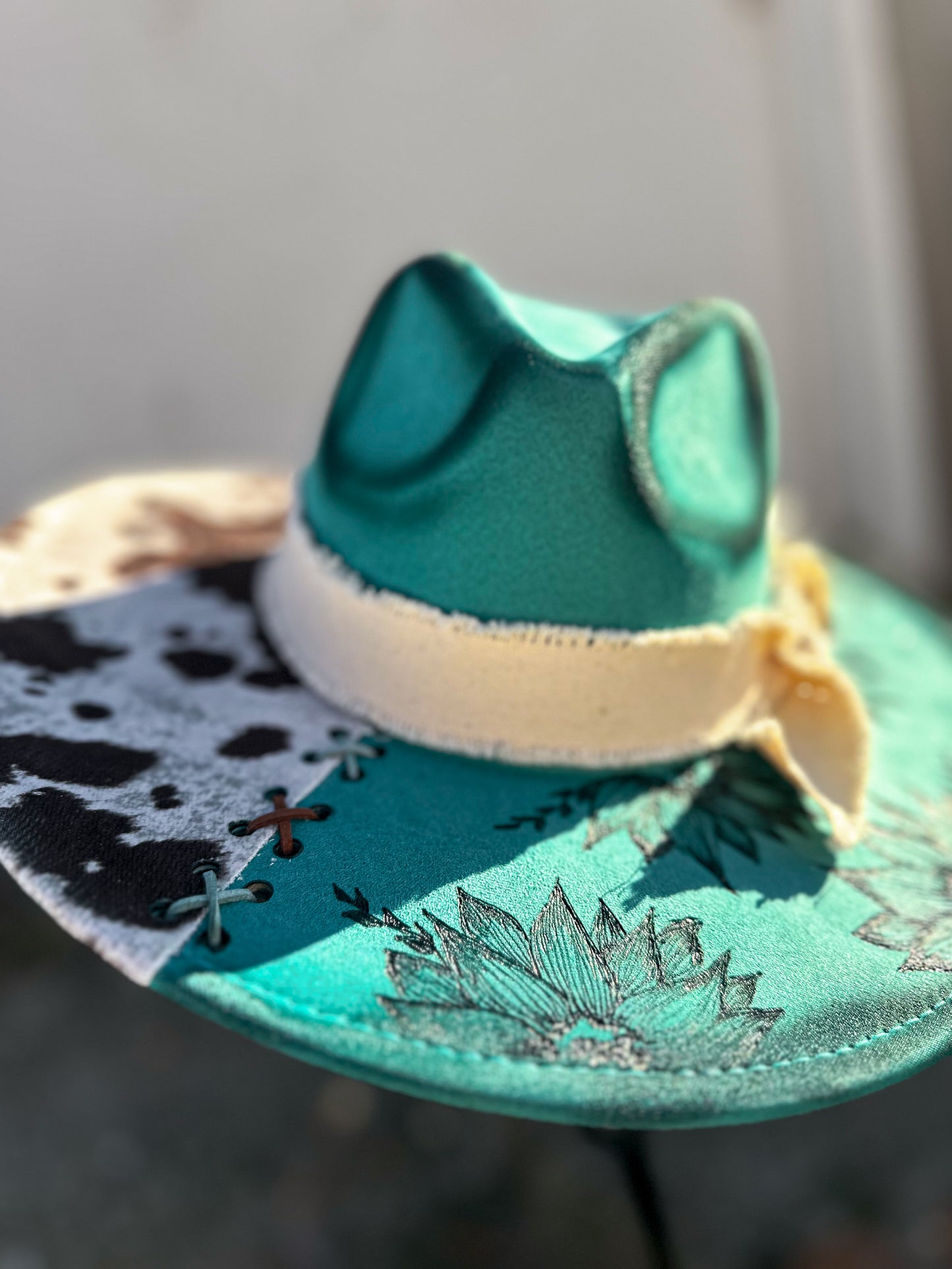 Teal Cowhide Sunflower Torched & Burned Hat