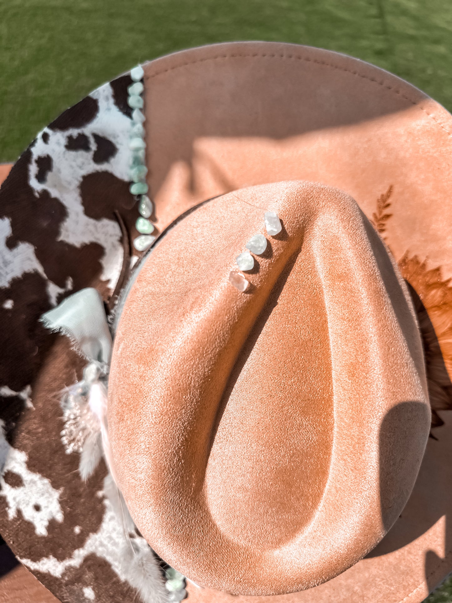 Sunflower and Cowhide with Green Aventurine on Camel Hat