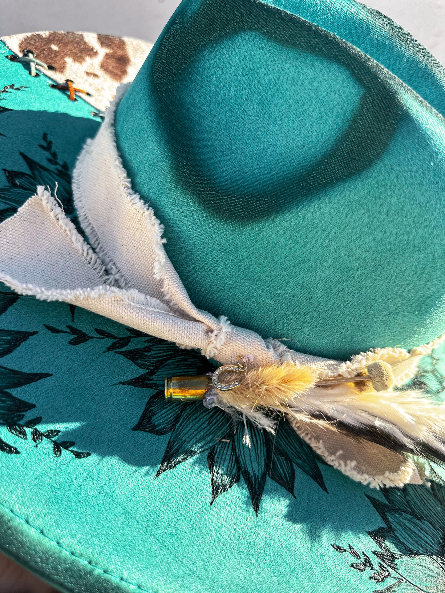 Teal Cowhide Sunflower Torched & Burned Hat