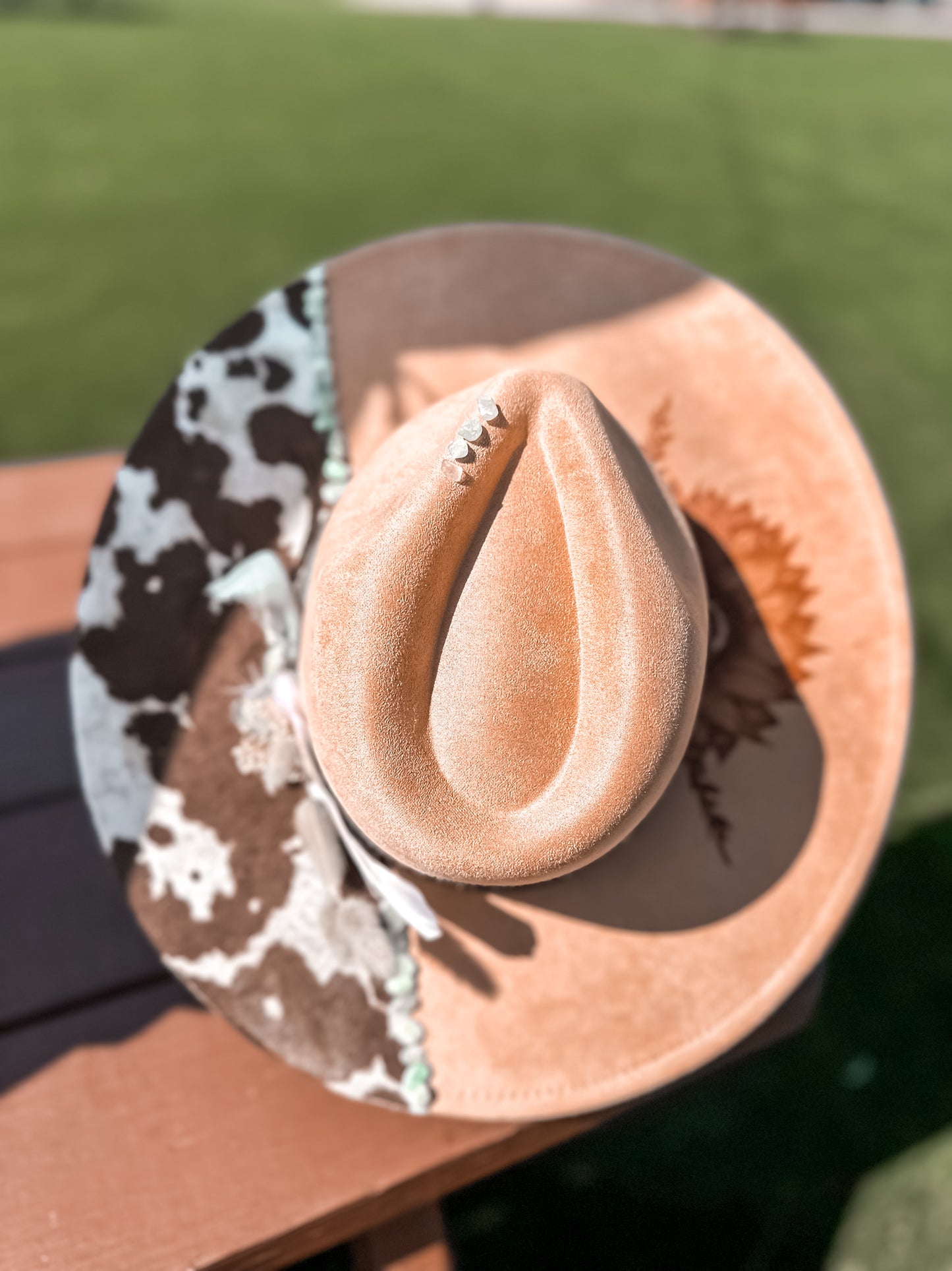 Sunflower and Cowhide with Green Aventurine on Camel Hat