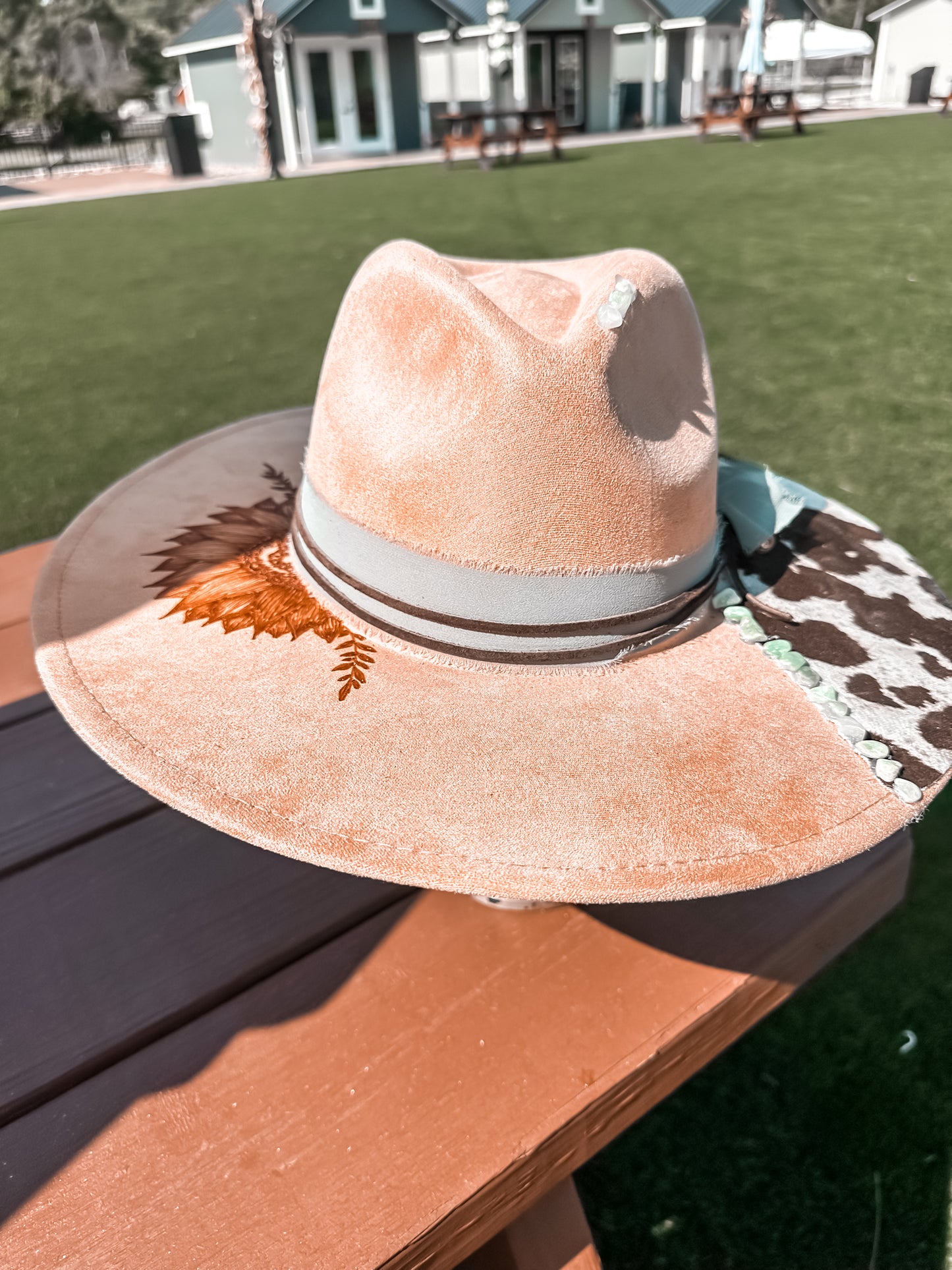 Sunflower and Cowhide with Green Aventurine on Camel Hat