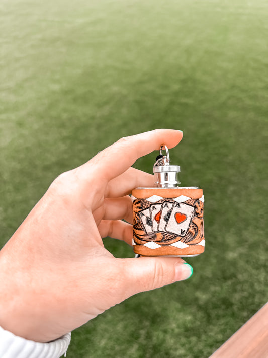 1 oz Cards Tooled Leather Flask Keychain 