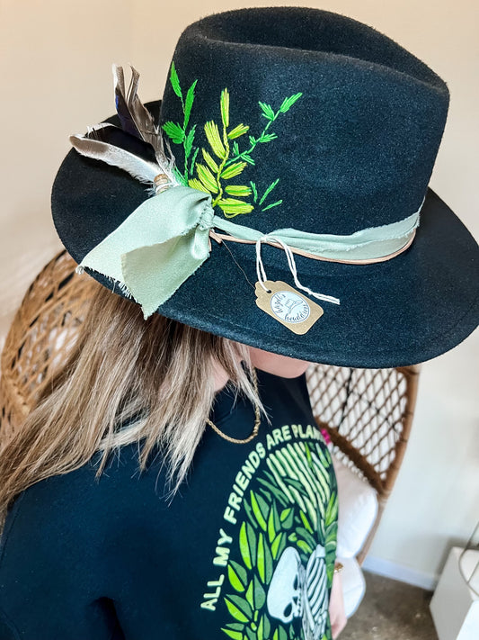 Greenery Embroidered Black Hat