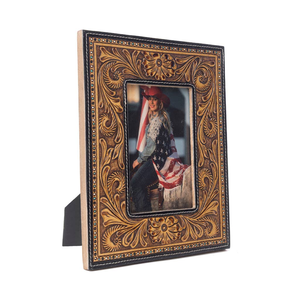 Bordertown Handtooled Leather Photo Frame in brown, premium western home décor: Brown