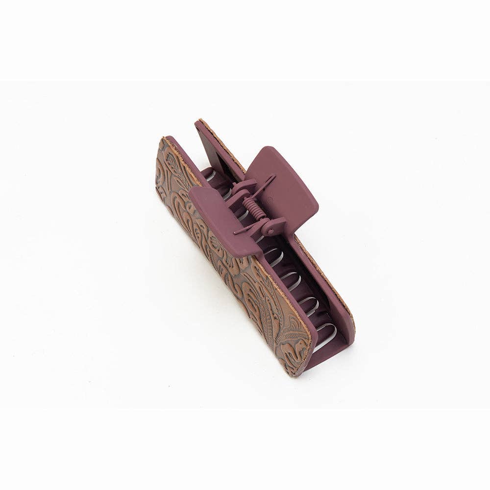 Rust Road Brown Embossed Leather Hair Clip: Brown