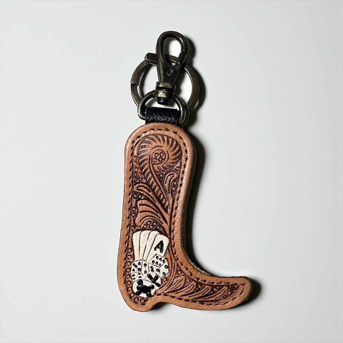 Poker Tooled Leather & Cowhide Keychain 