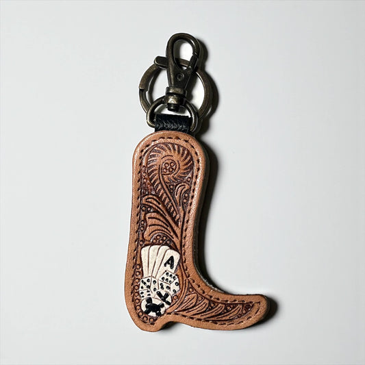 Poker Tooled Leather & Cowhide Keychain 